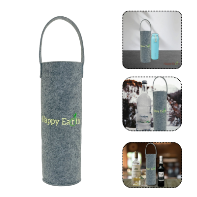 HAPPY EARTH Round Shaped Felt Wine/Water Bottle Bag | Bottle Carry Bags | 1 LTR | Reusable Bottle Bag with Handle | Office Bottle Bag | Wine Bottle Bag | Travel Bottle Bag | Light Grey